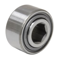 John Deere compatible AXE77874 draper roller bearing showing 18mm hex bore and outer race