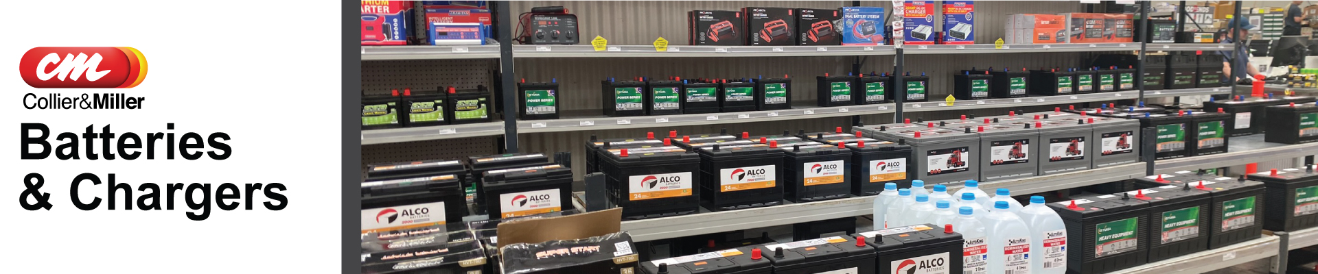 <p>Collier &amp; Miller stocks a wide range of automotive batteries - at super competitive prices.&nbsp;</p>
<p>Find car batteries, truck batteries and tractor batteries plus mobility vehicle batteries, caravan batteries, motorbike batteries and lawnmower batteries. &nbsp;</p>
<p>Collier &amp; Miller&rsquo;s huge range caters to almost all makes and models and includes Lead Acid batteries, Stop-Start batteries, Deep Cycle batteries and Lithium batteries.&nbsp;</p>