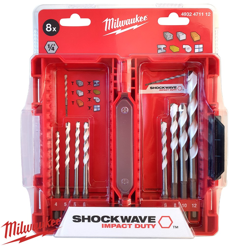MILWAUKEE DRILL BIT SET 8 PCE SHOCKWAVE MULTI MATERIAL 4 12MM IN CASE