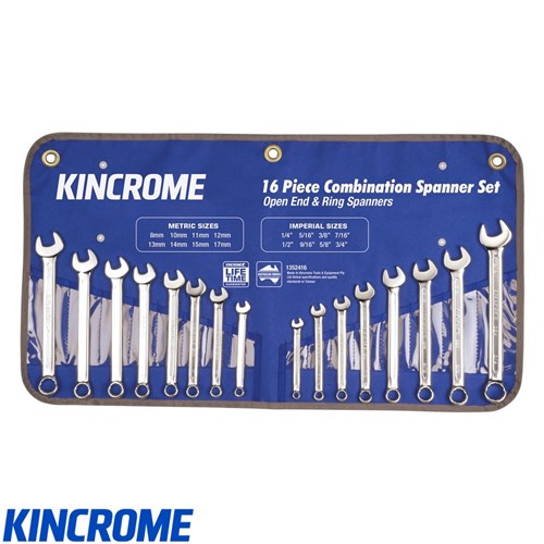 KINCROME SPANNER SET 16 PIECE COMBINATION IMPERIAL & METRIC Collier
