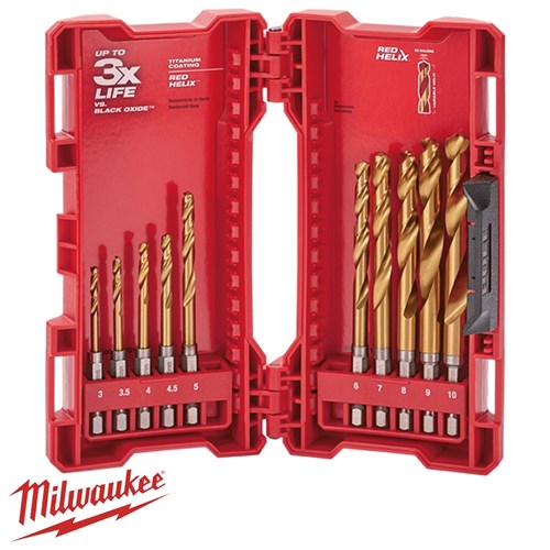 MILWAUKEE DRILL SET 10 PCE SHOCKWAVE RED HELIX TITANIUM 3MM 10MM 10