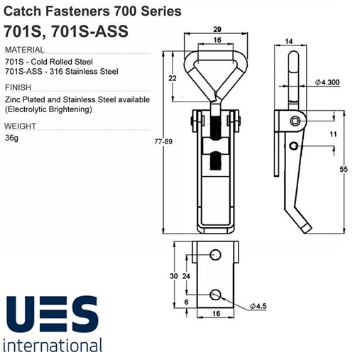 OVERCENTRE LATCH S/STEEL 77MM WITH CATCH PLATE STAINLESS 7789MM