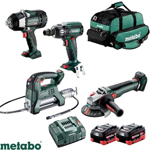 METABO 18V/5.5AH 4PC COMBO KIT GREASE GUN 2 X WRENCH GRINDER 2X5.5AH