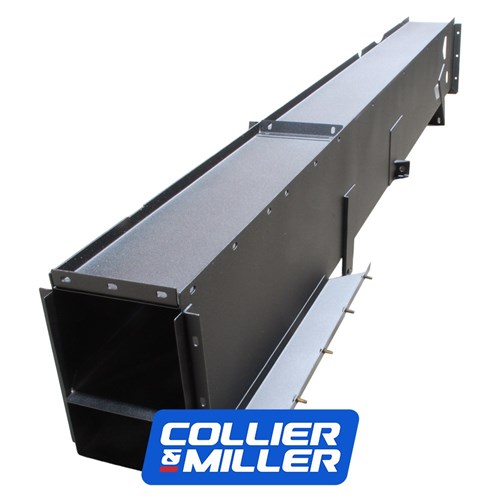 Opposite-side view of the stainless steel clean grain elevator trunk showing welded brackets and mounting points