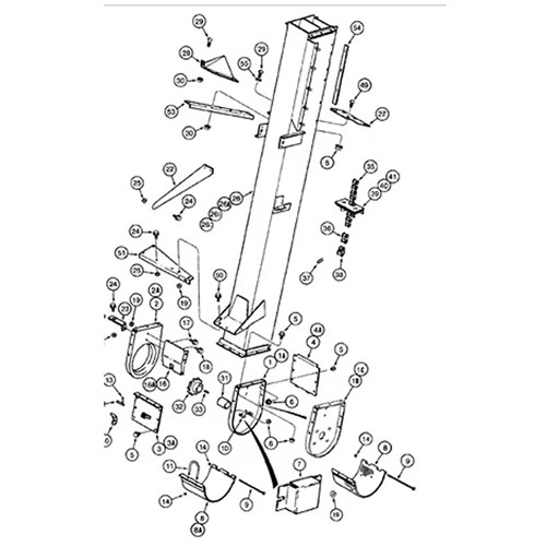 Exploded line-drawing parts schematic of the Case-IH clean grain elevator housing, covers, brackets and related components