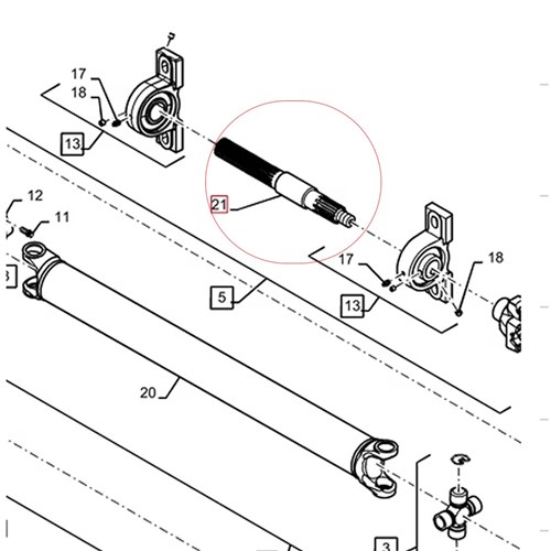 Exploded parts schematic of CASE-IH feeder drive shaft with pillow block bearings, universal yoke and adjoining drive components