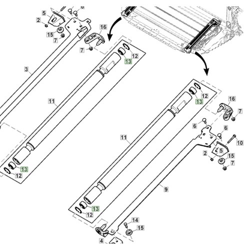 Exploded parts schematic showing AXE77874 draper roller bearing and adjoining John Deere HDF or HDR roller components