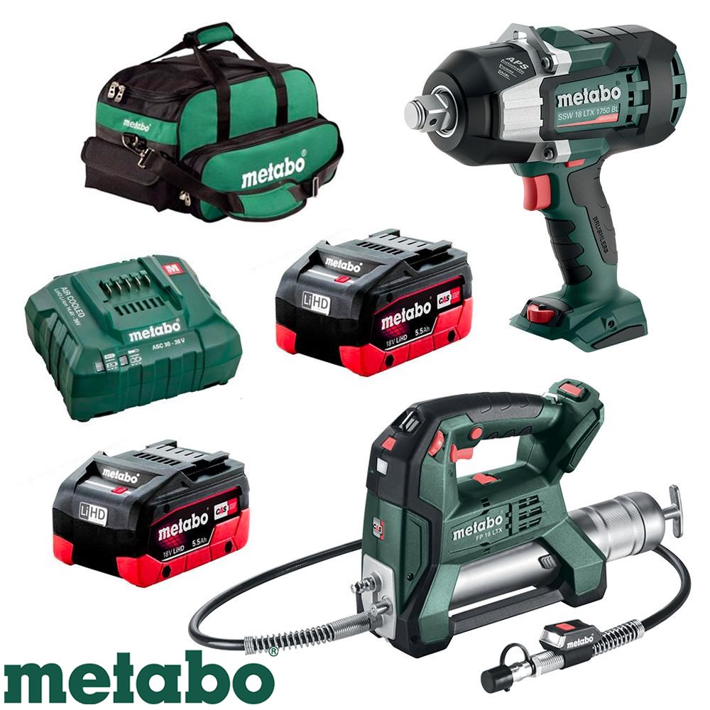 METABO 18V/5.5AH GREASE GUN & 1750NM HIGH TORQUE WRENCH KIT 2X5.5AH