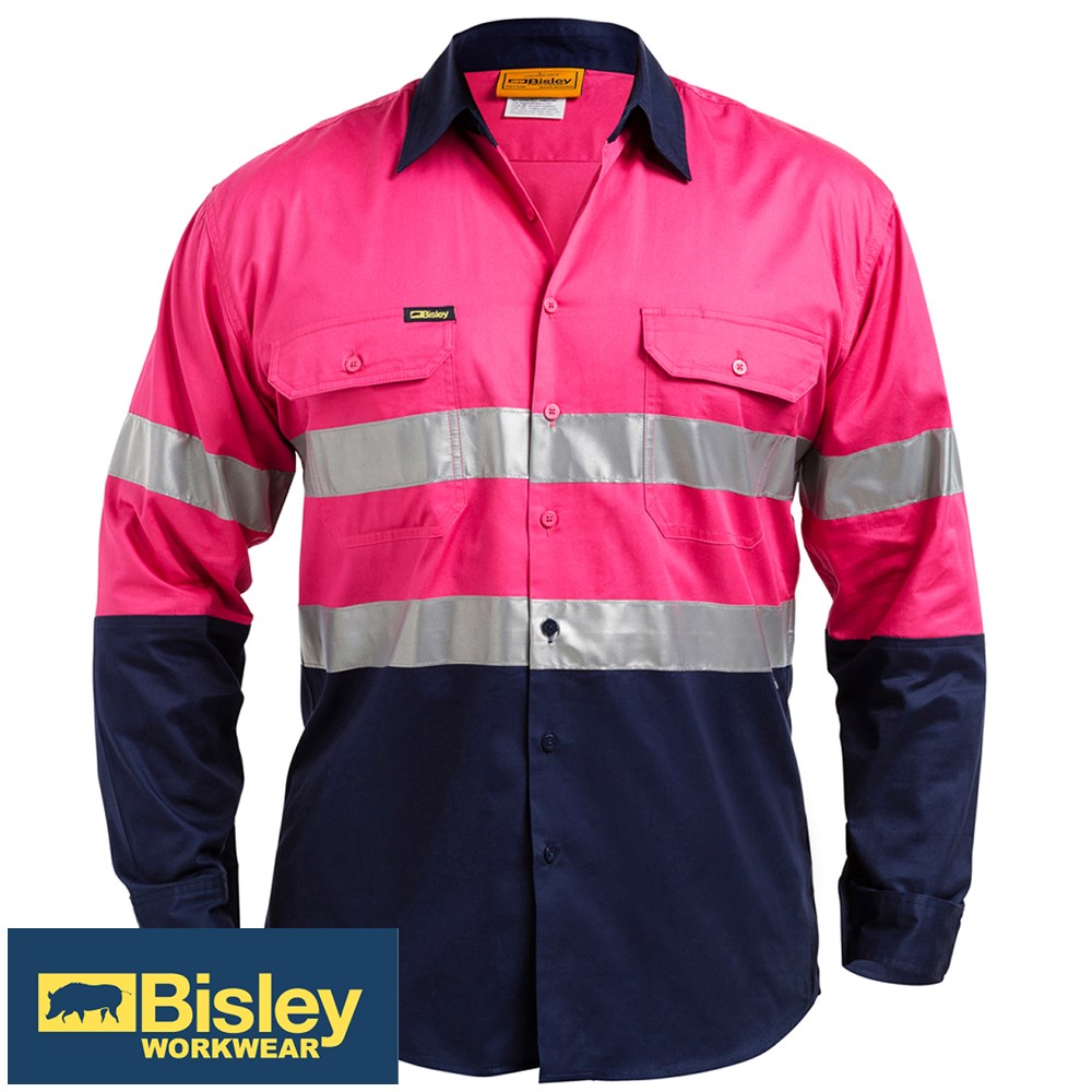 BISLEY MENS L/SLEEVE SHIRT 3XL HI VIS PINK/ NAVY OPEN FRONT 3M
