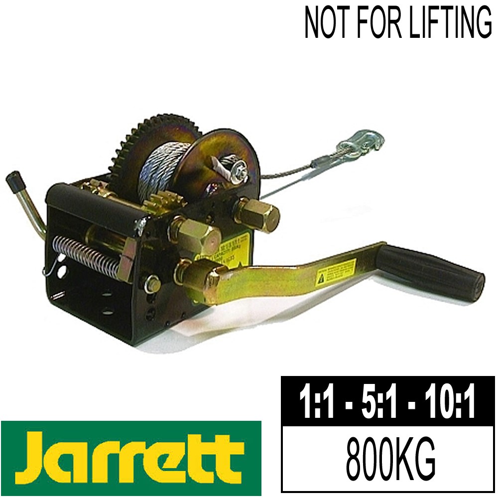 JARRETT WINCH 800KG 3 SPEED 101,51,11 6M X 5MM CABLE & HOOK. NOT FOR