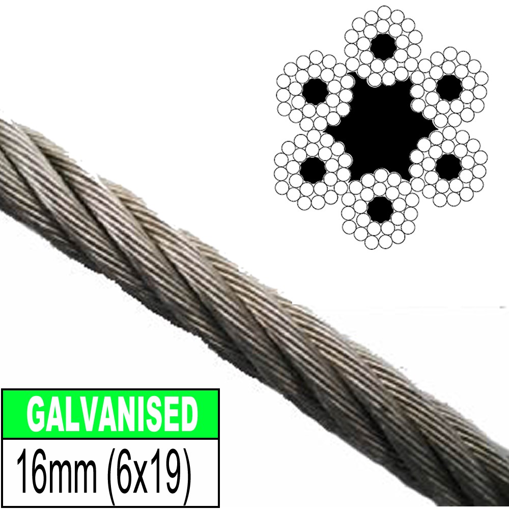 WIRE ROPE 16MM FIBRE CORE 6X24 GRADE 1570 RHOL LUB GAL GALVANISED