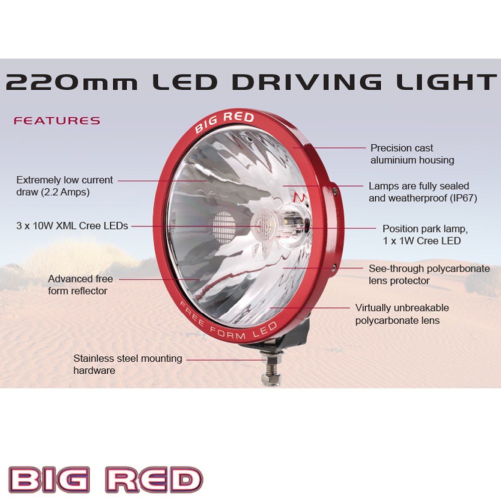 BIG RED 220 LED DRIVING LAMP 220MM 3 X 10W XML CREE LEDS FREE FORM