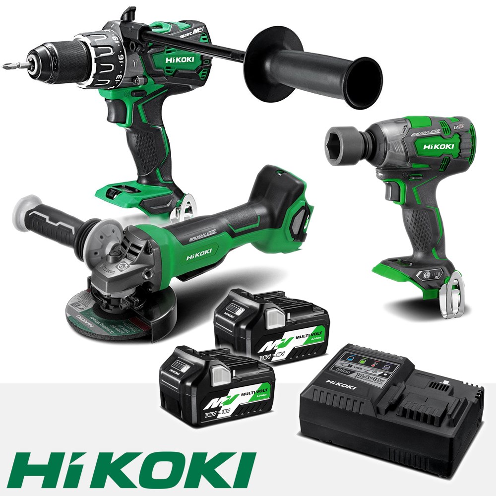 HIKOKI MULTIVOLT 3PC KIT BRUSHLESS DRILL/ WRENCH/ GRIND 2 X BATTERIES